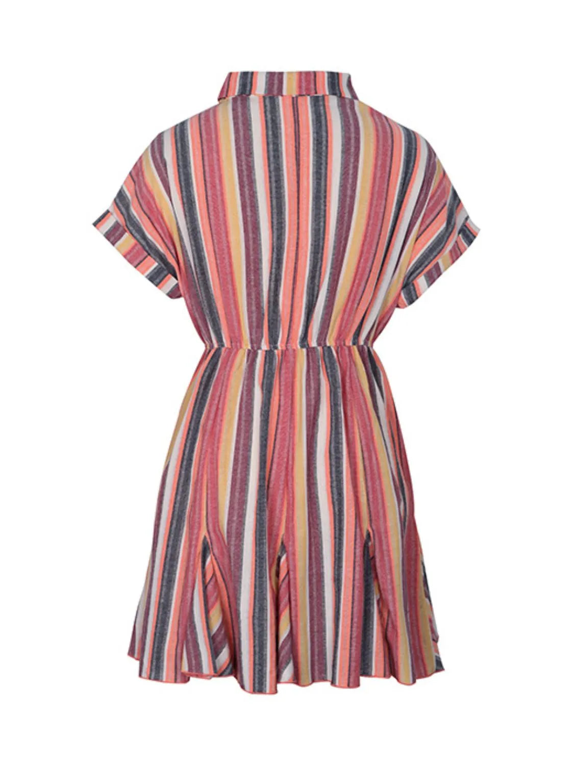 Striped surplice short sleeve dress by Trendsi, multicolor vertical stripes, cinched waist and ruffled hem
