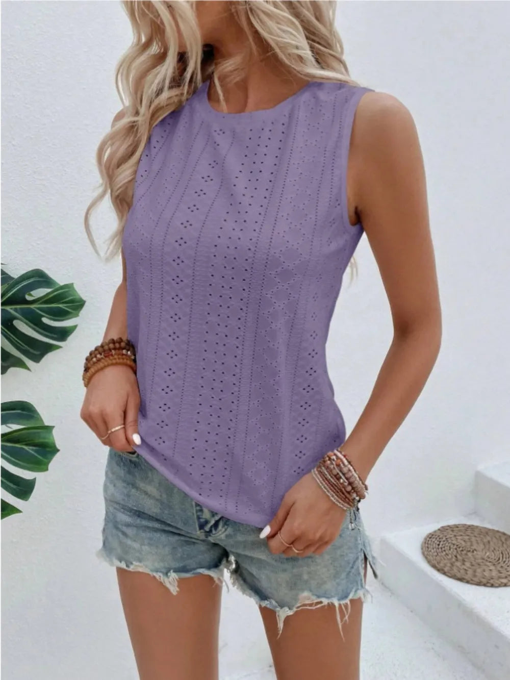 Eyelet round-neck tank in mauve lilac, sleeveless eyelet panel pattern at front