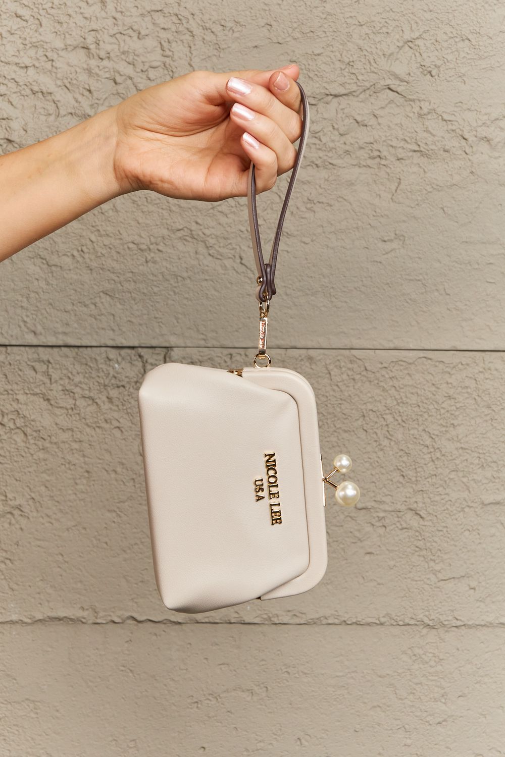 Nicole Lee USA Elise pearl coin purse, cream with top clasp and long hanging strap
