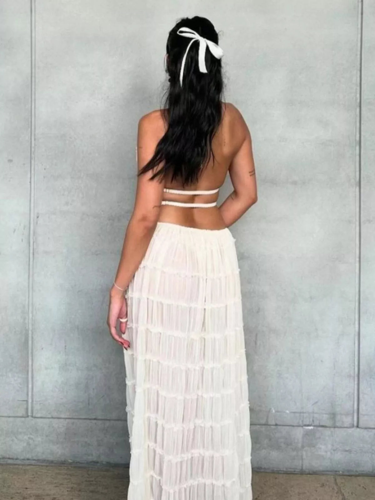 Milky white tiered ruffle halter crop top and maxi skirt set, tie-back bow