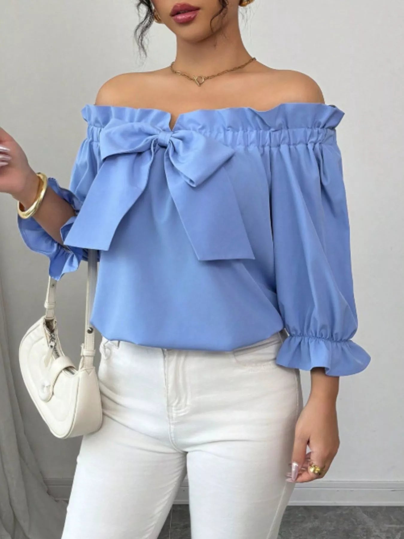 Bow Flounce Sleeve Blouse, light blue off-shoulder with bow detail