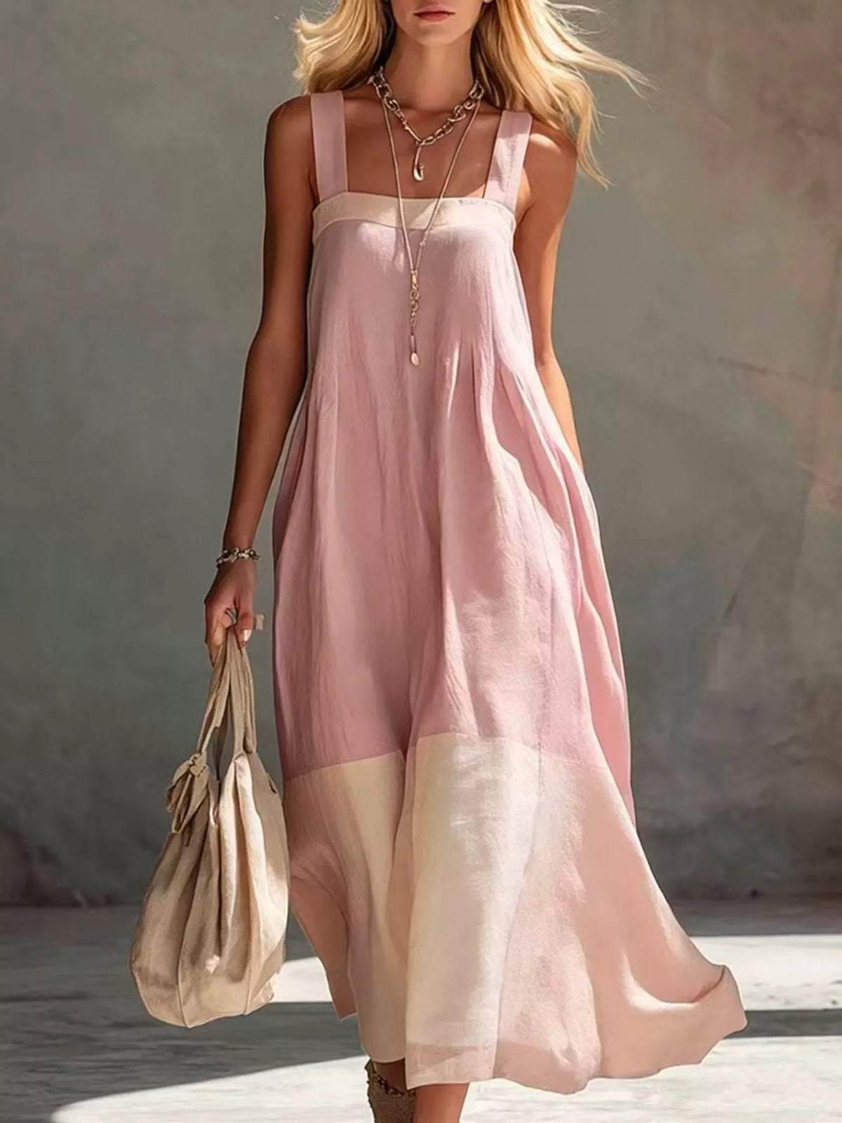 Light pink and cream color-block sleeveless linen midi dress with scoop neckline