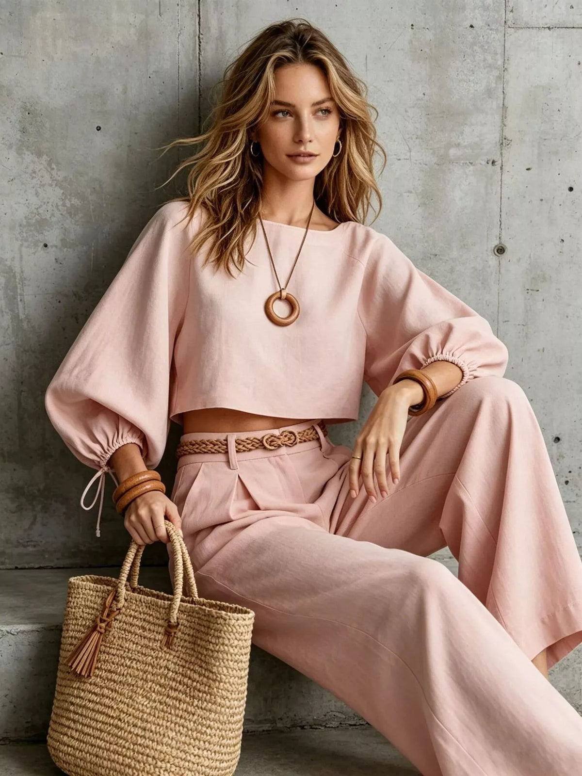 Dusty pink balloon-sleeve crop top and wide-leg pants set, belt at high waist