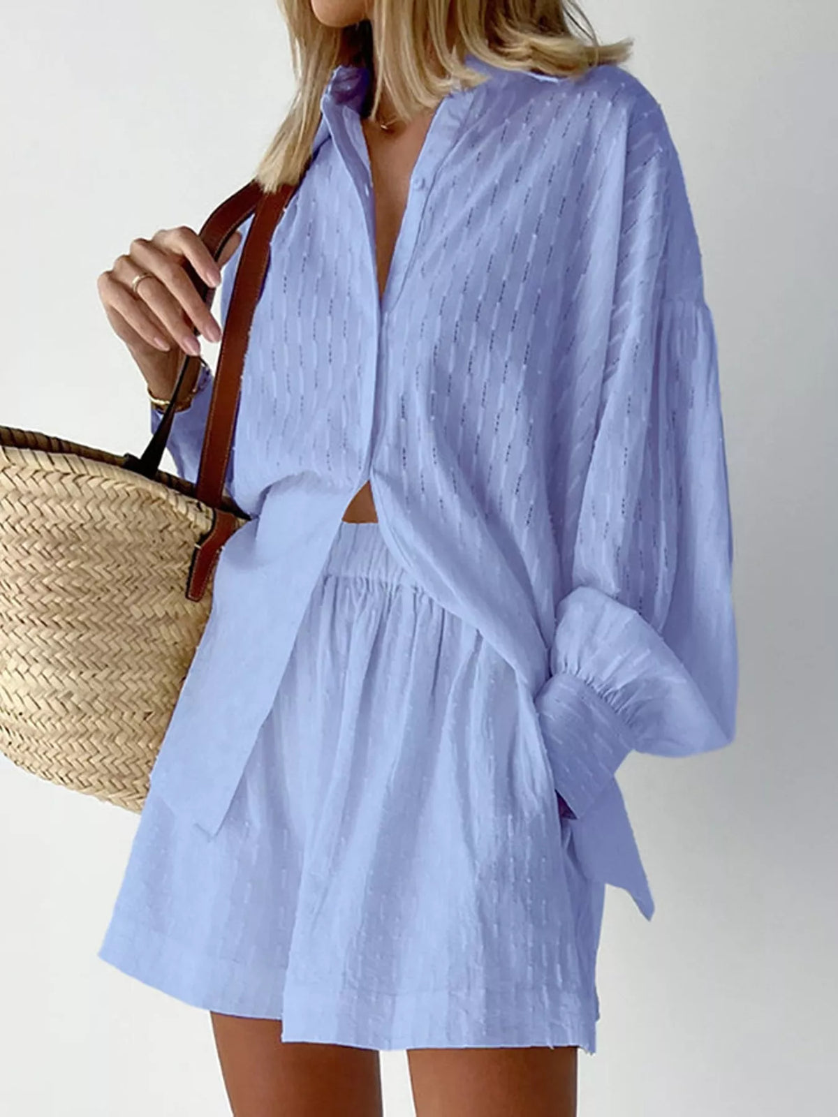 Light blue textured cotton button-down shirt and shorts set with long sleeves