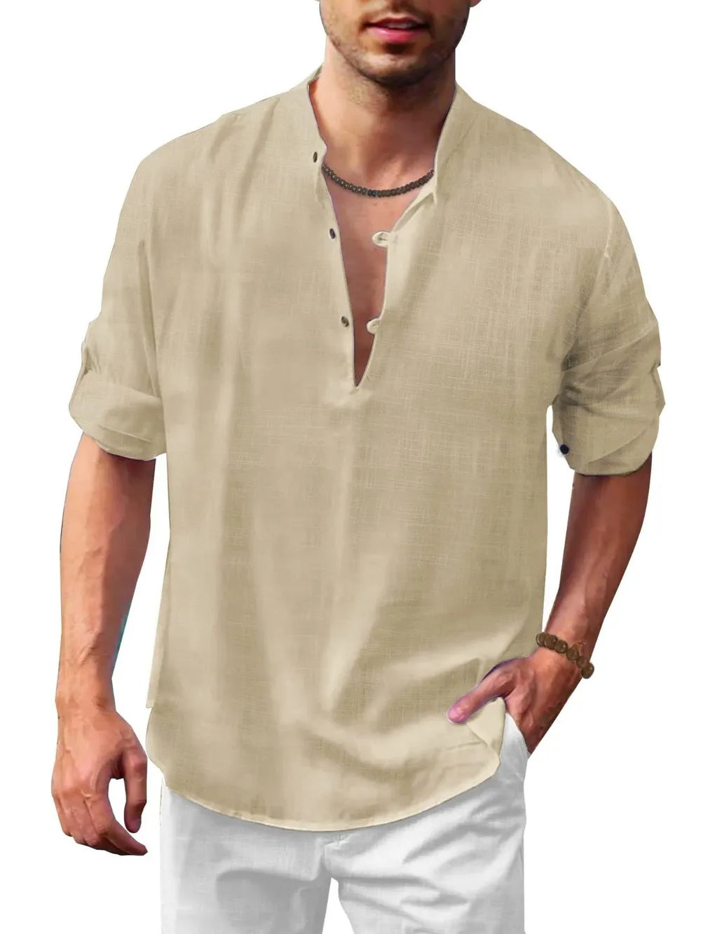 Men's khaki half-button long sleeve shirt with split neckline