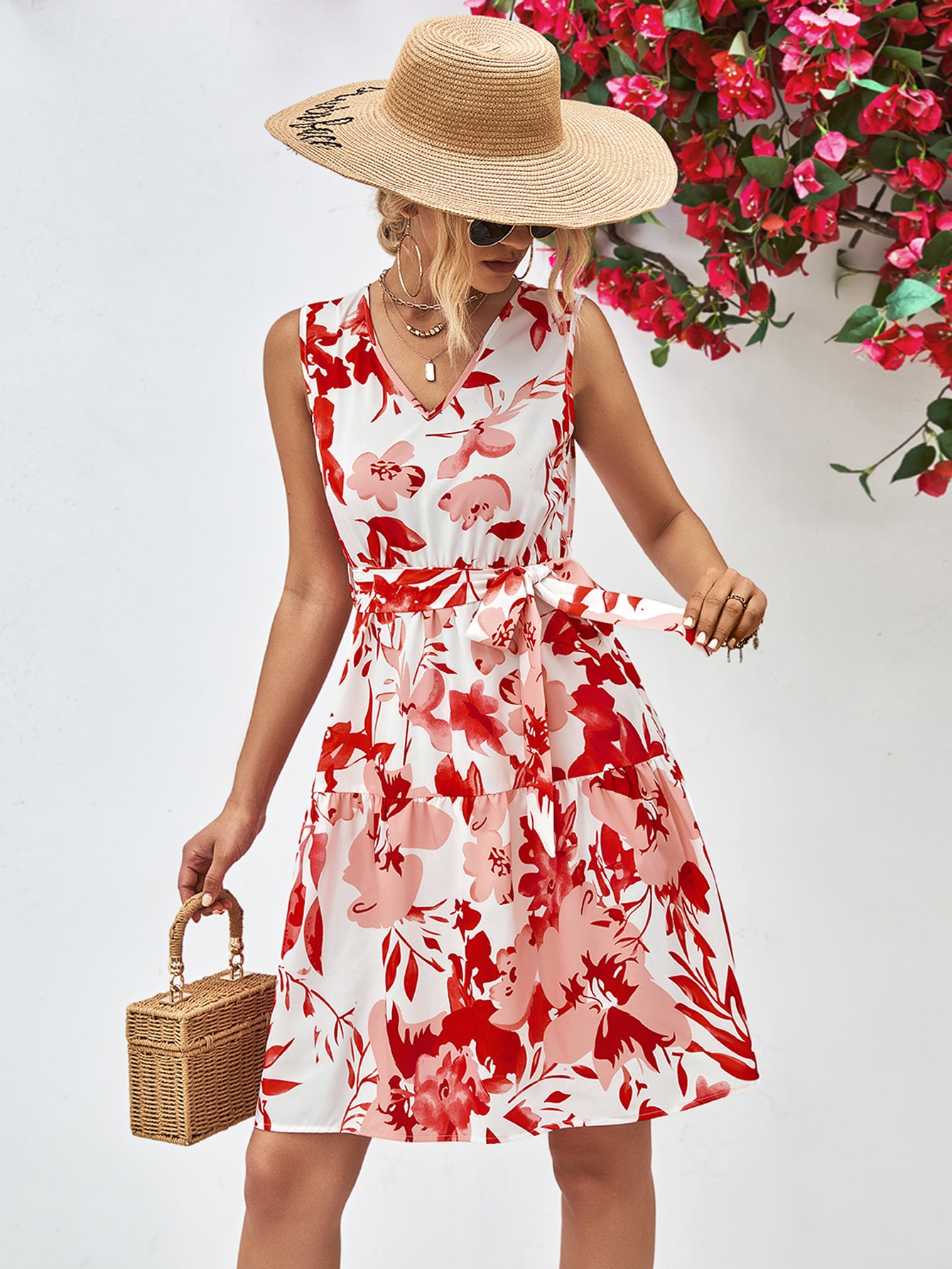 Floral V-neck sleeveless tie-waist dress, red floral print with gathered waist