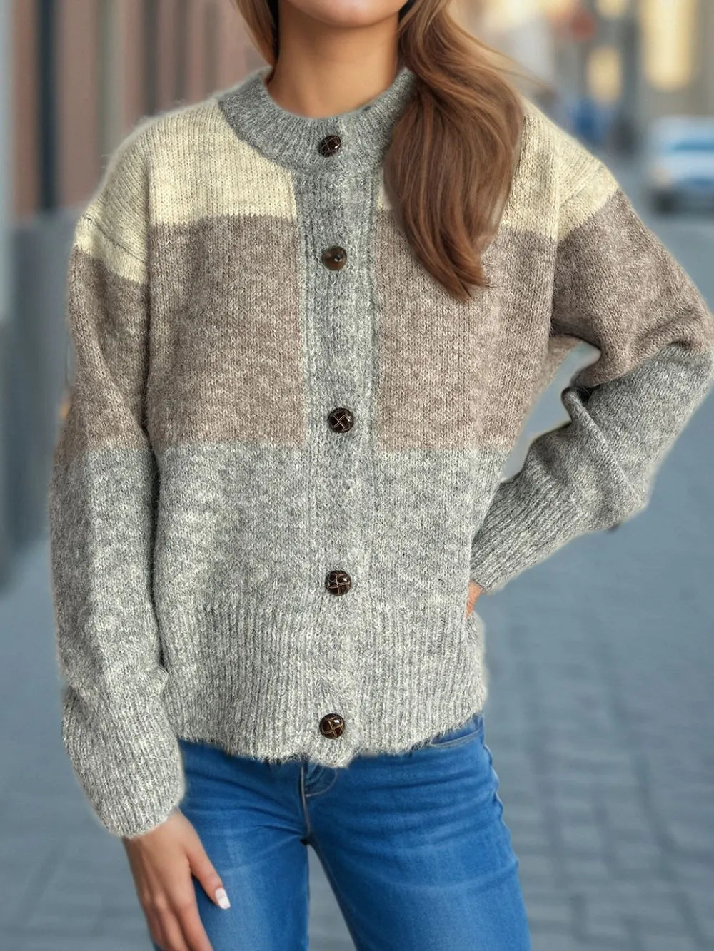 Color-block button-up cardigan in heather gray with cream and blue panels, round neck