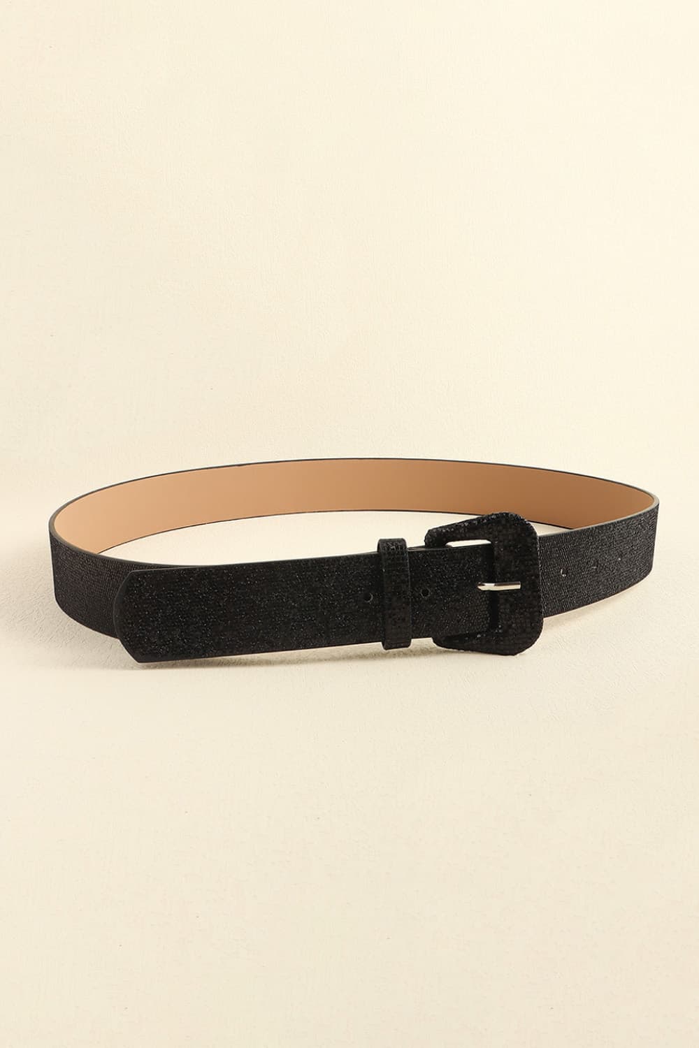 Black glitter vegan leather belt with rectangular buckle, side view
