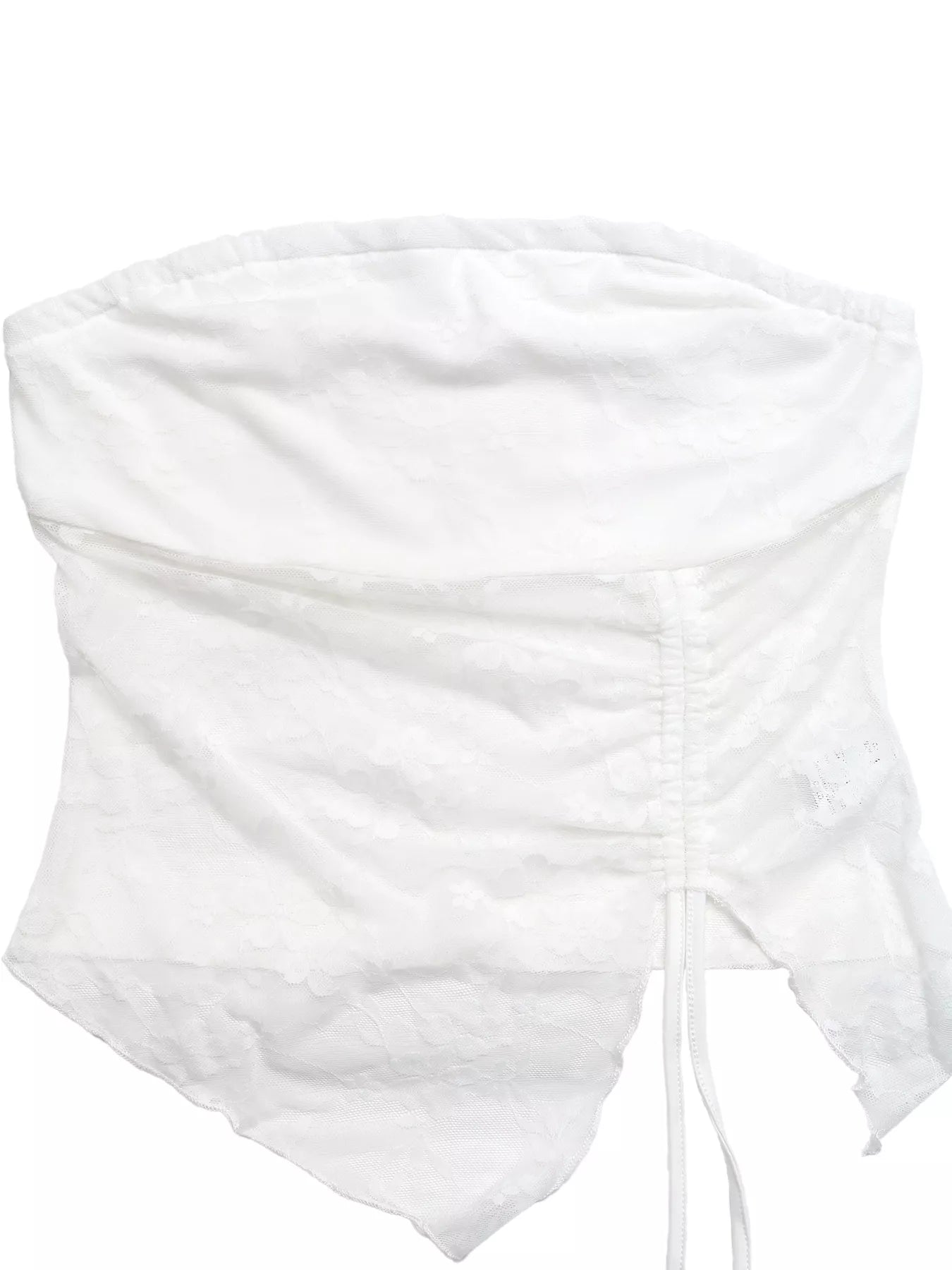 Cedar & Moore Ruched Lace Tube Top, white lace fabric with drawstring detail