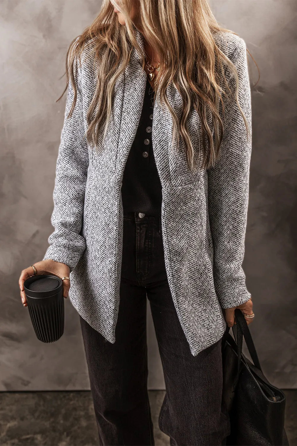 Light gray open-front long sleeve jacket, textured fabric, button-front detail