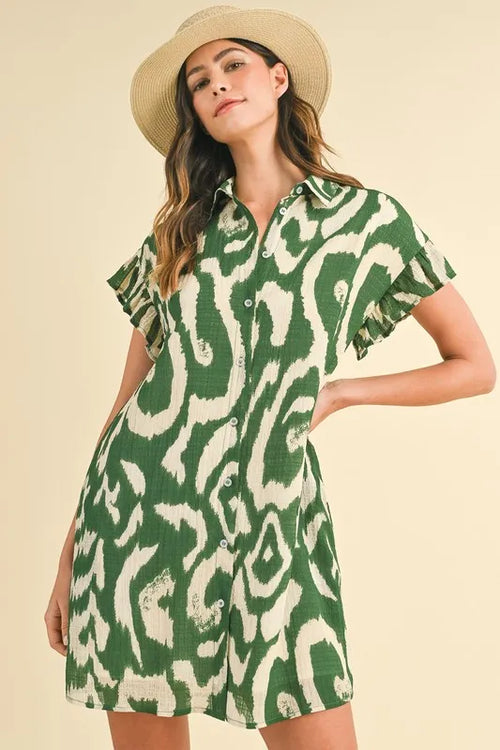 Green abstract printed mini shirt dress with frill sleeves, button front