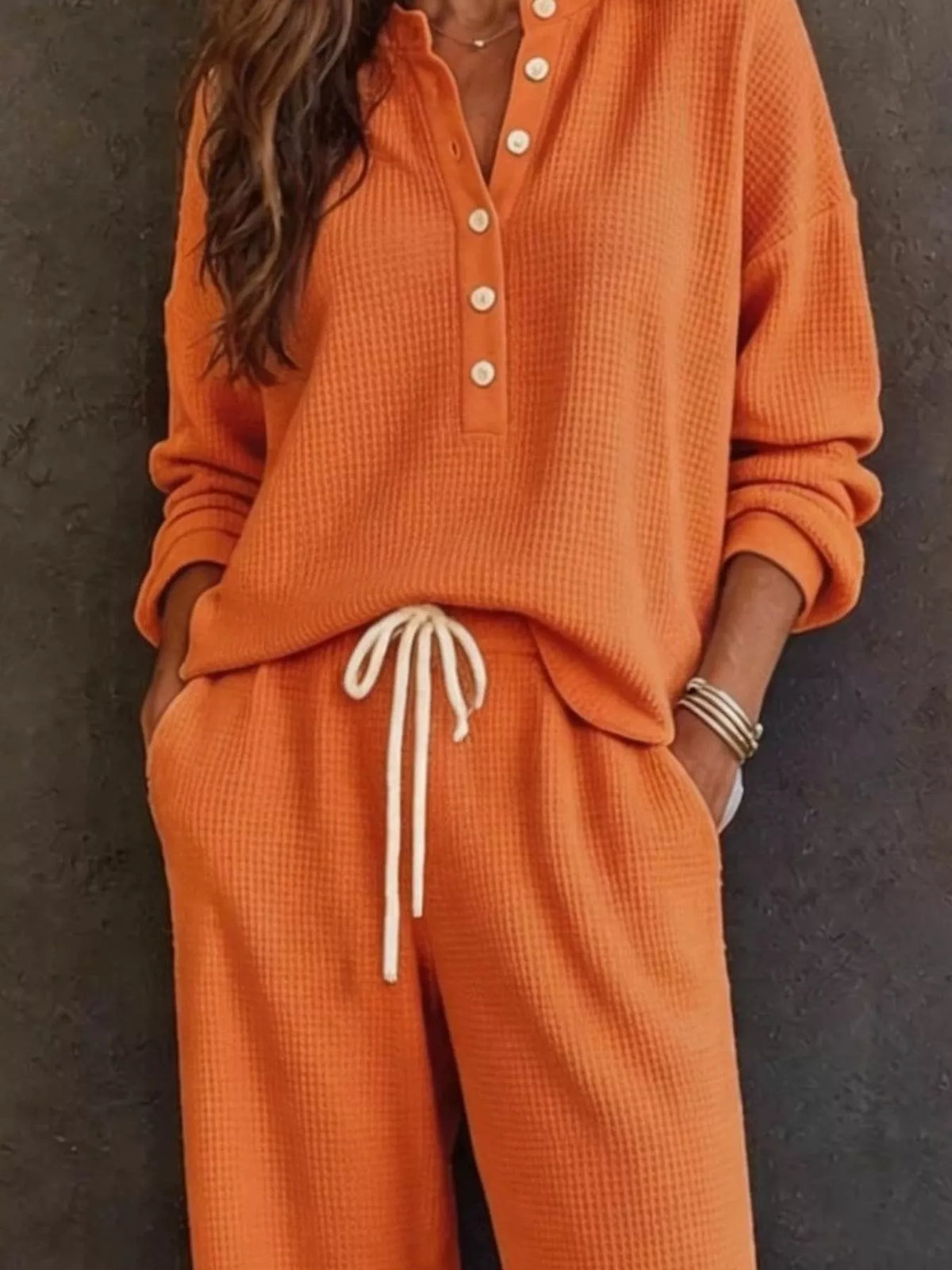 Orange waffle knit henley pullover and drawstring waist lounge pants set