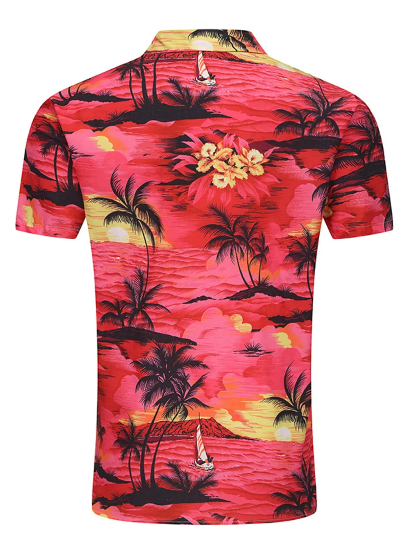 Men's button-up shirt with pink-red tropical leaf print, rear view, short sleeves.