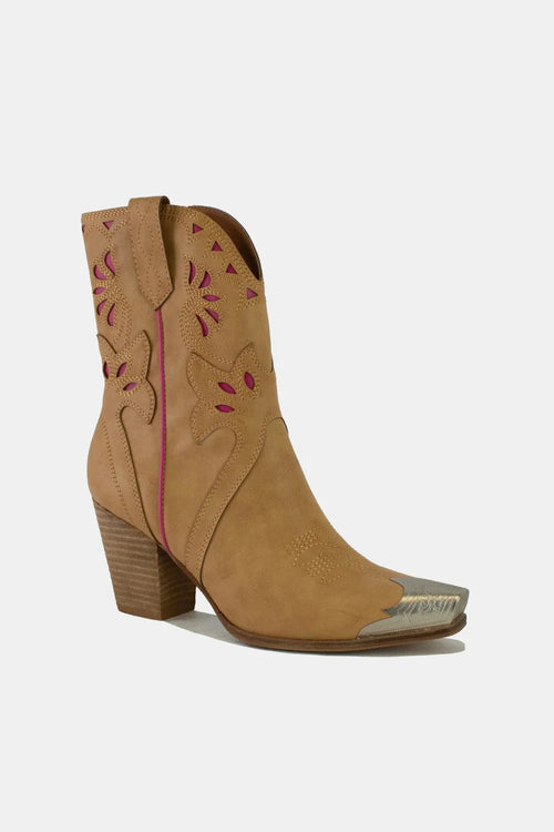 Camel cut-out floral embroidered boots, side view with stacked block heel