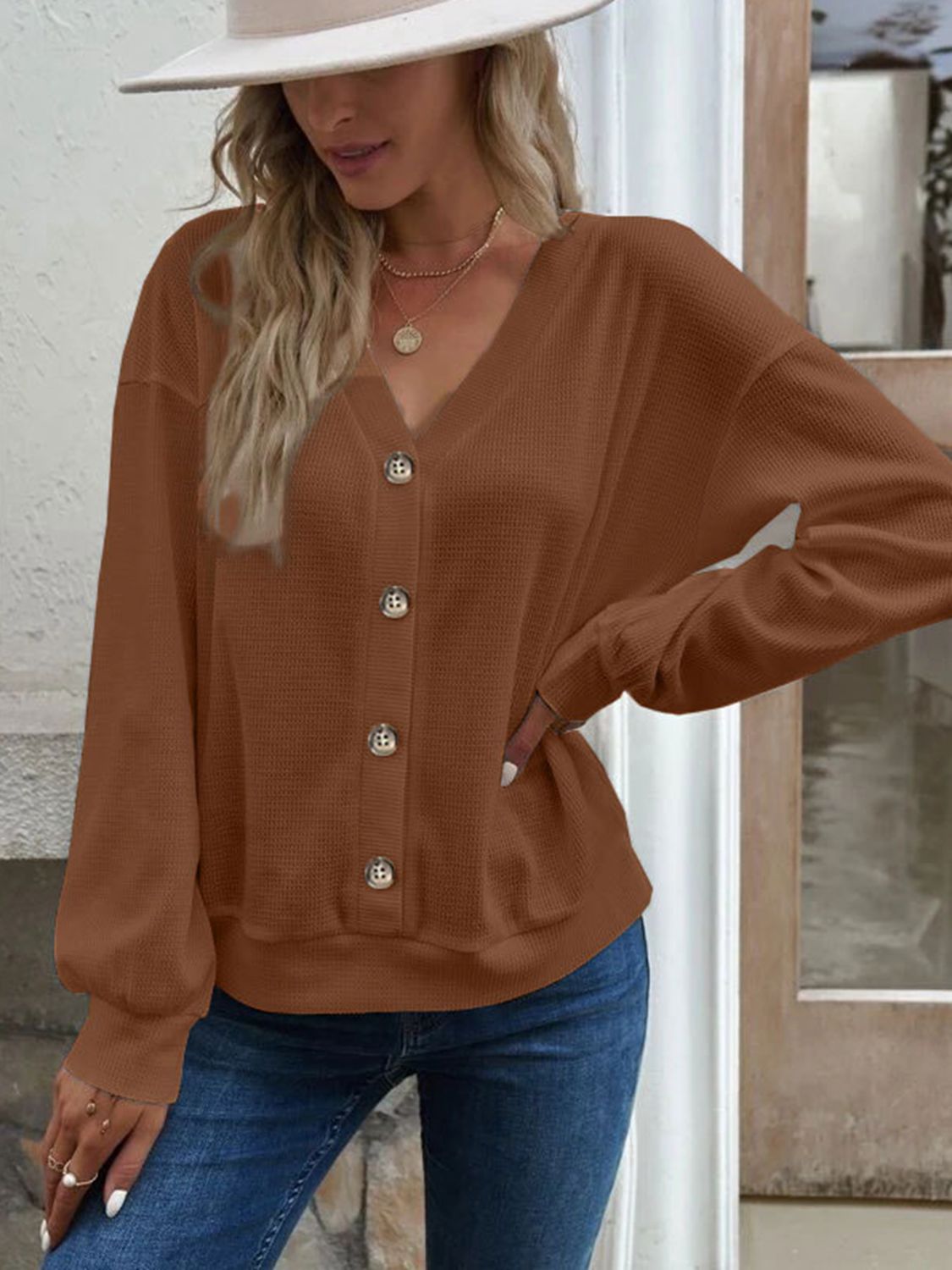 Caramel-brown blouse with V-neck, dropped shoulders, button front, long sleeves