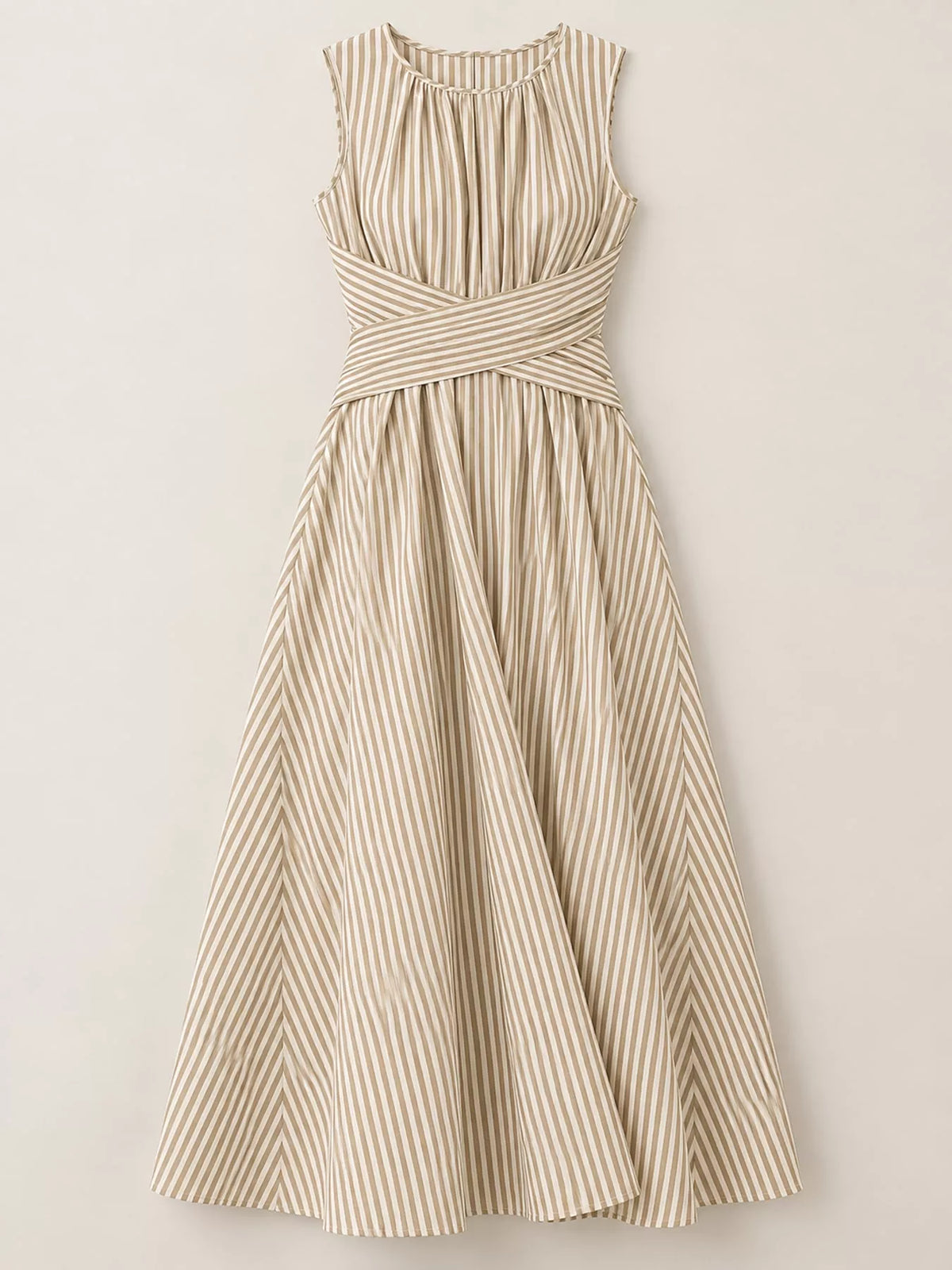 Beige striped sleeveless maxi dress with gathered neckline and crisscross waist