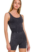 Washed dark sports romper with wide straps and scoop neckline