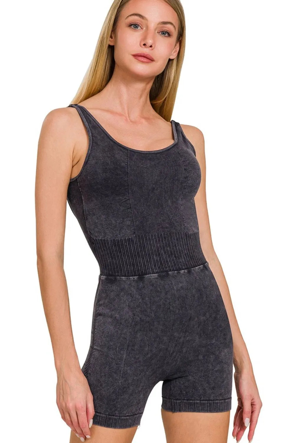 Washed dark sports romper with wide straps and scoop neckline