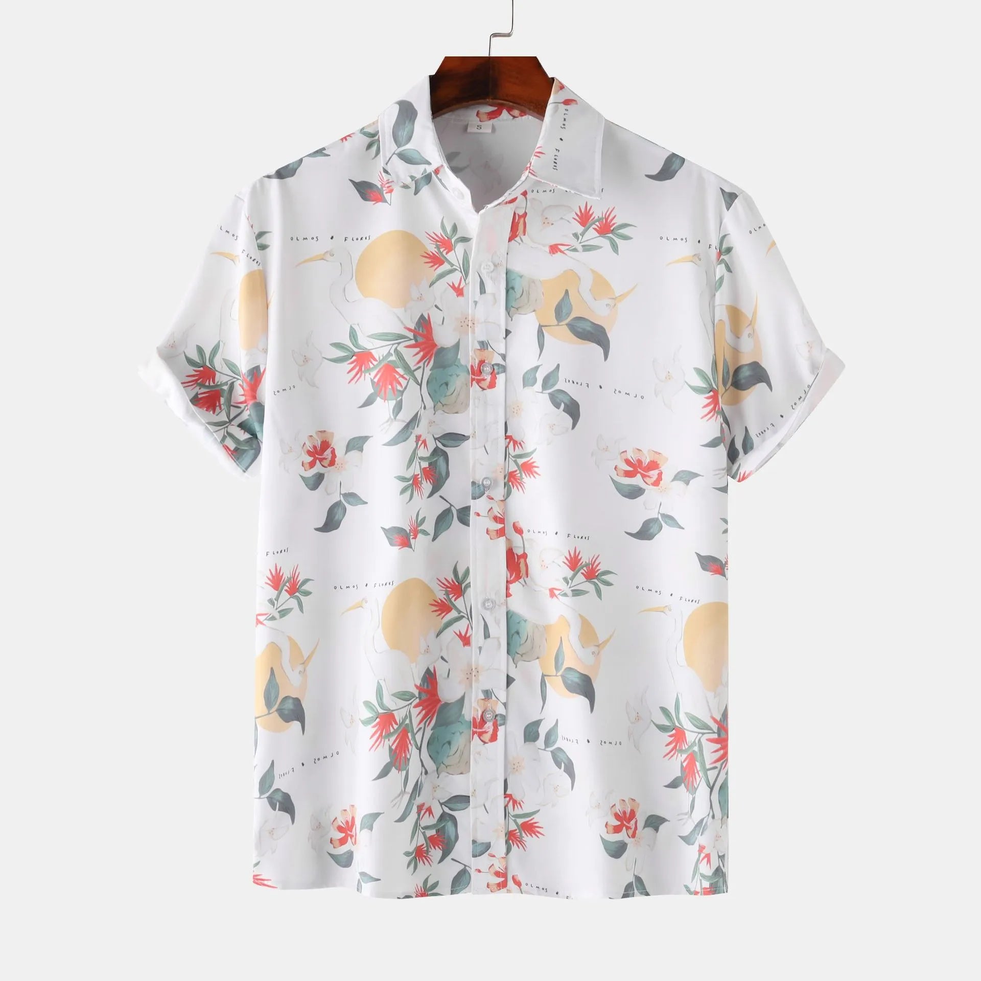 Men’s printed short-sleeve button-up shirt in white with colorful floral and bird print.