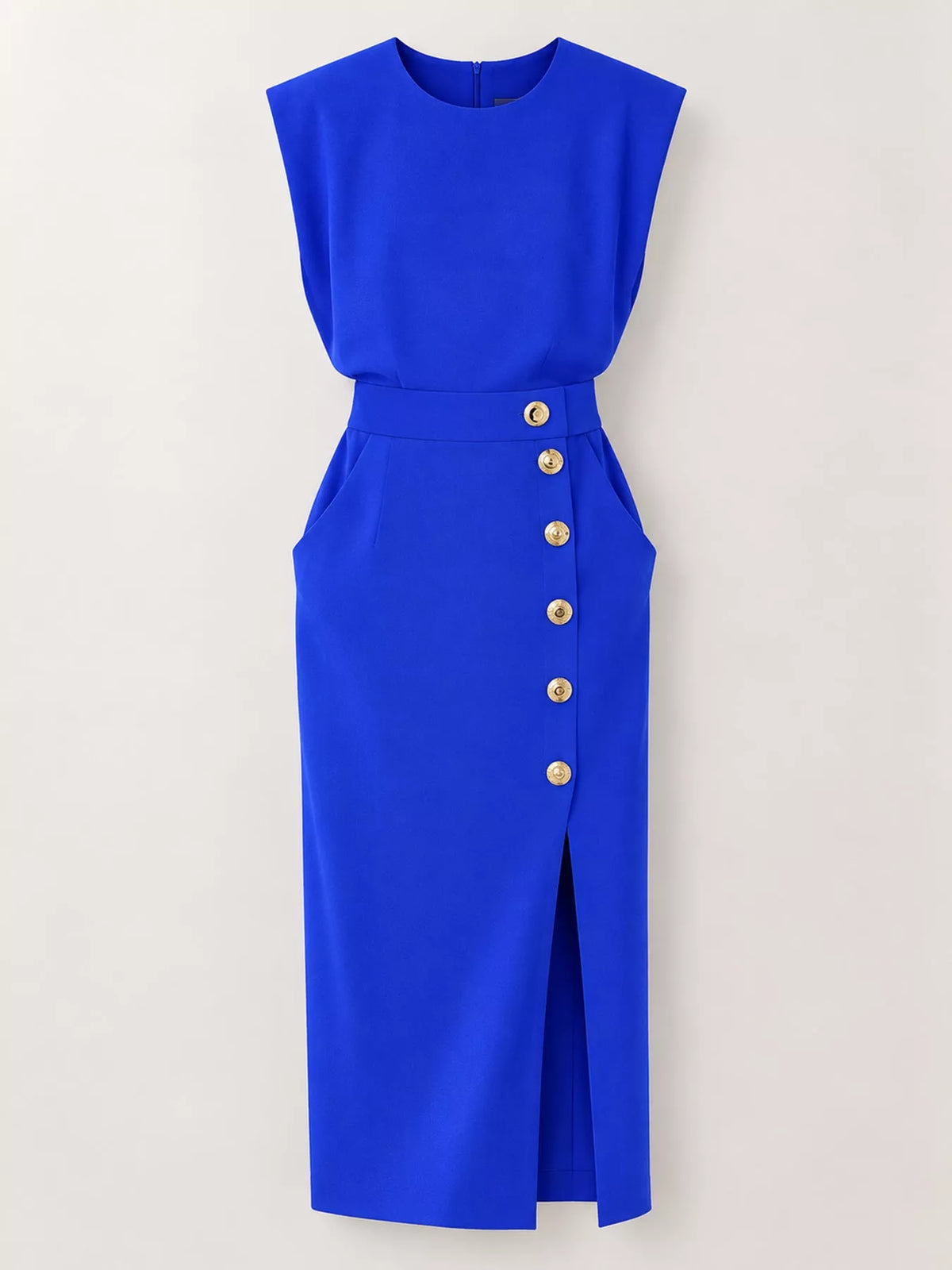 Blue sleeveless midi dress with gold buttons and front side slit