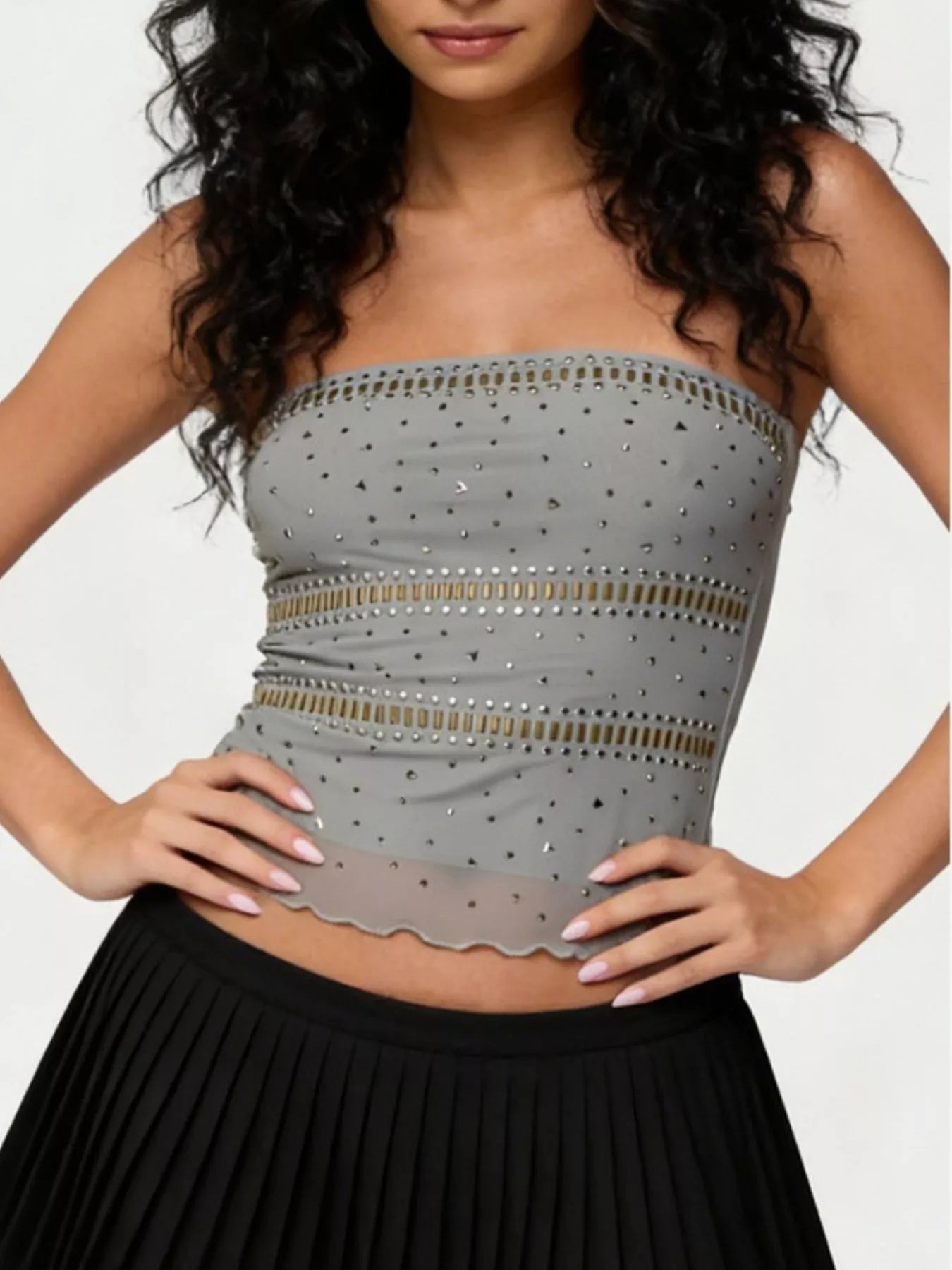 Cedar & Moore Rhinestone Tube Top, gray strapless with lace and cutouts by Trendsi