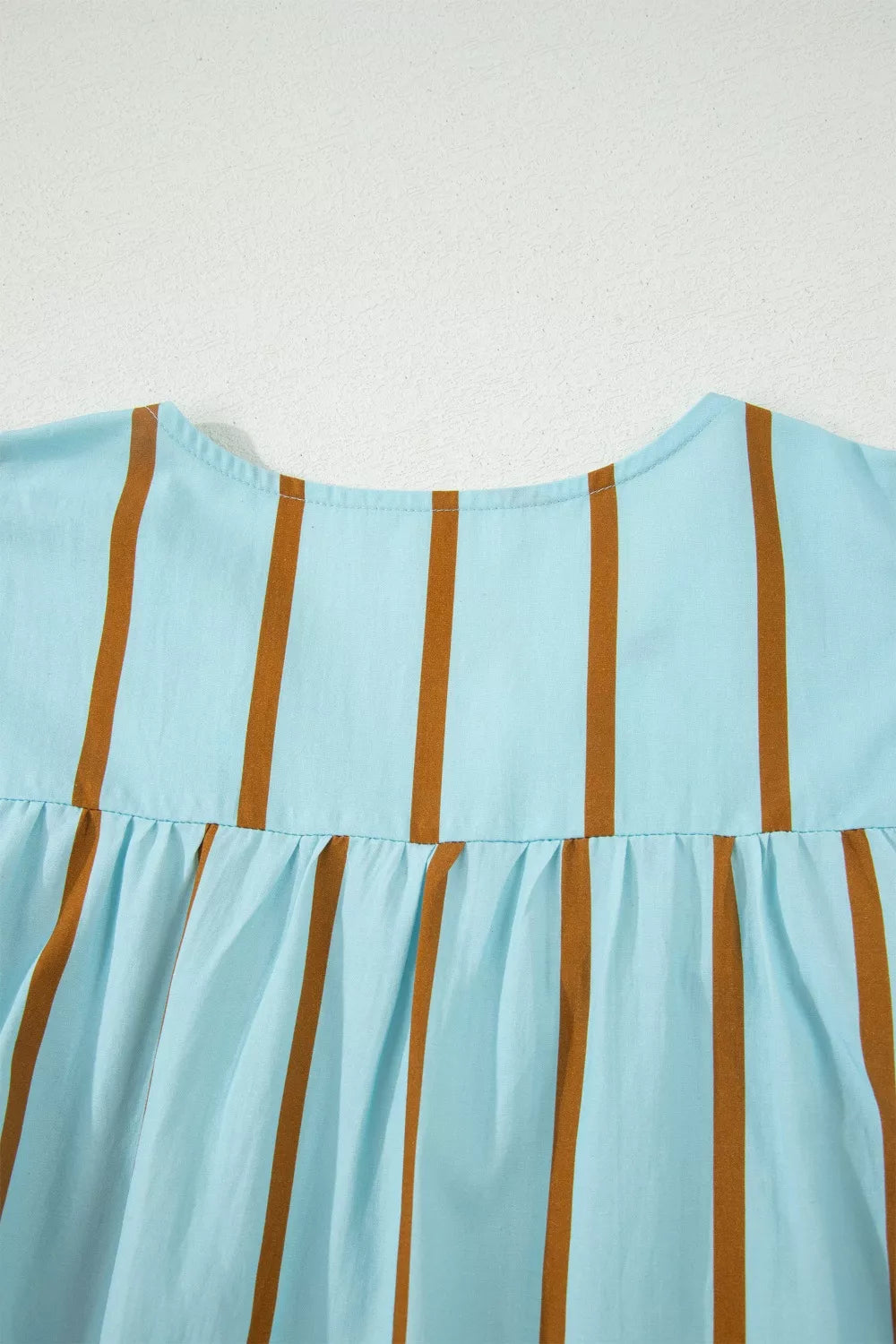 Cedar & Moore Stripe Ricrac Trim Double Ruffled Short Sleeve V Neck Blouse, light blue with brown vertical stripes