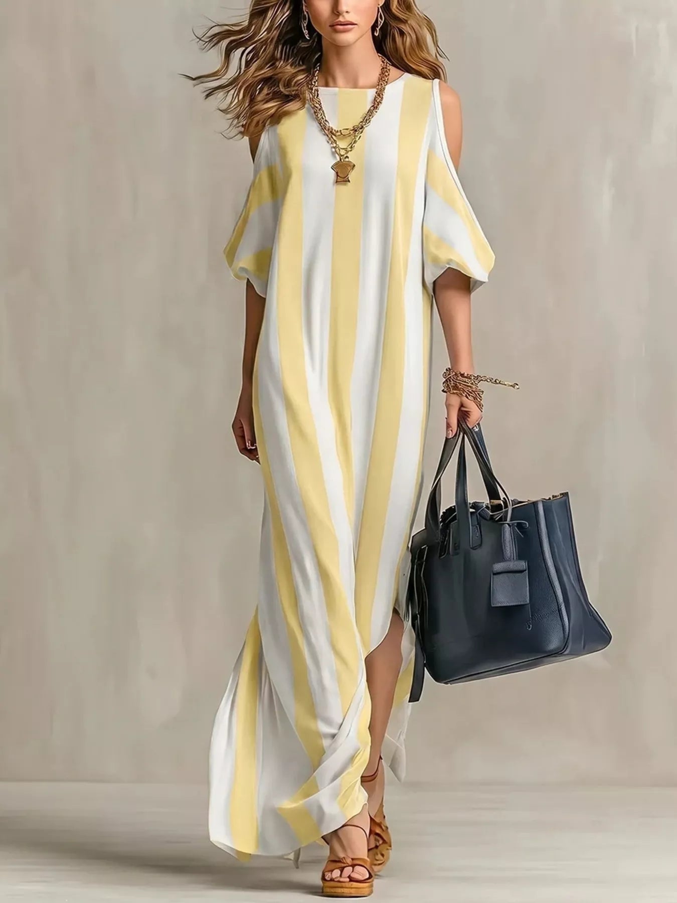Yellow and cream striped cold-shoulder maxi dress with draped flutter sleeves
