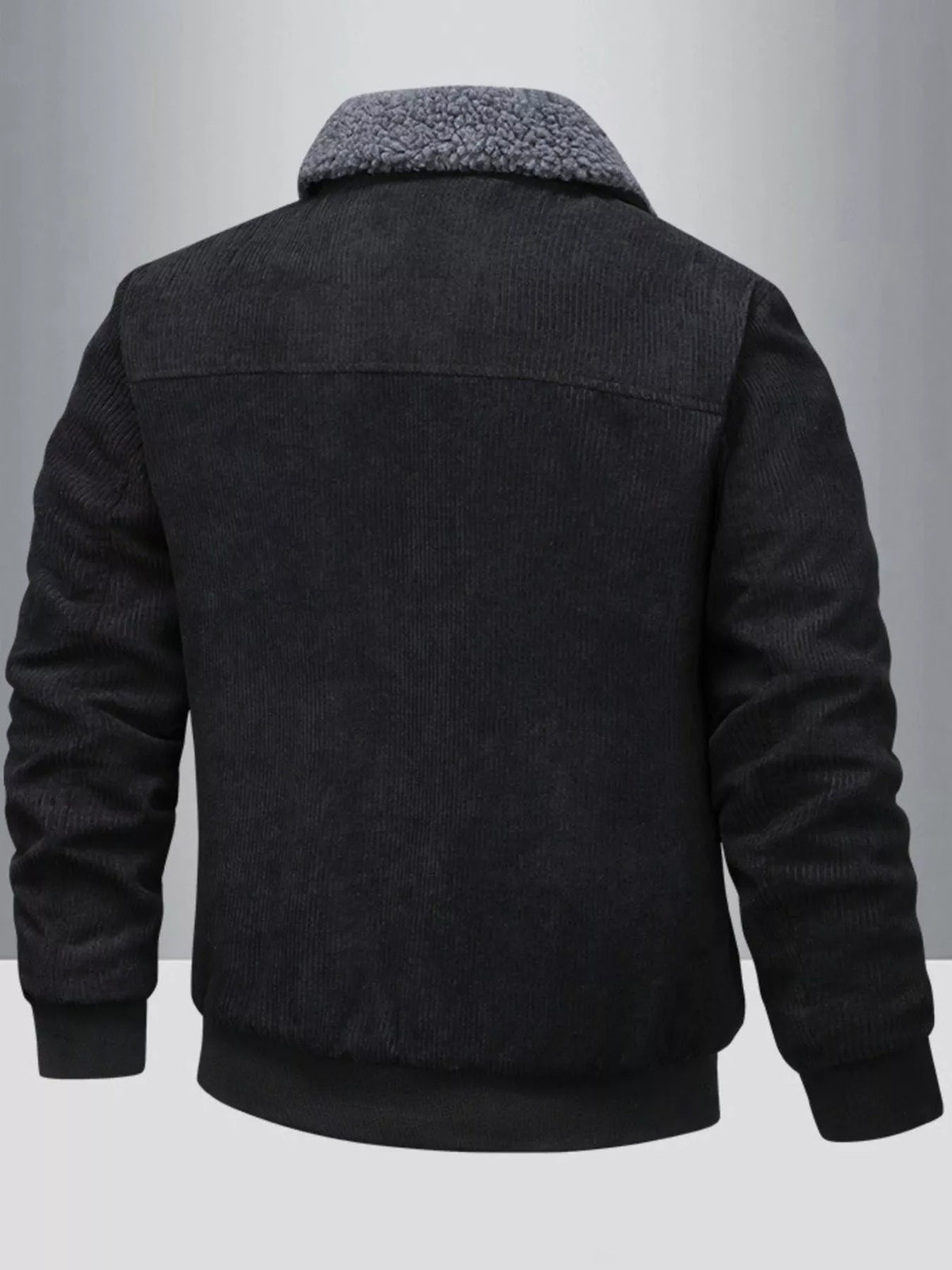 Men's corduroy jacket, black with sherpa-lined collar, back view
