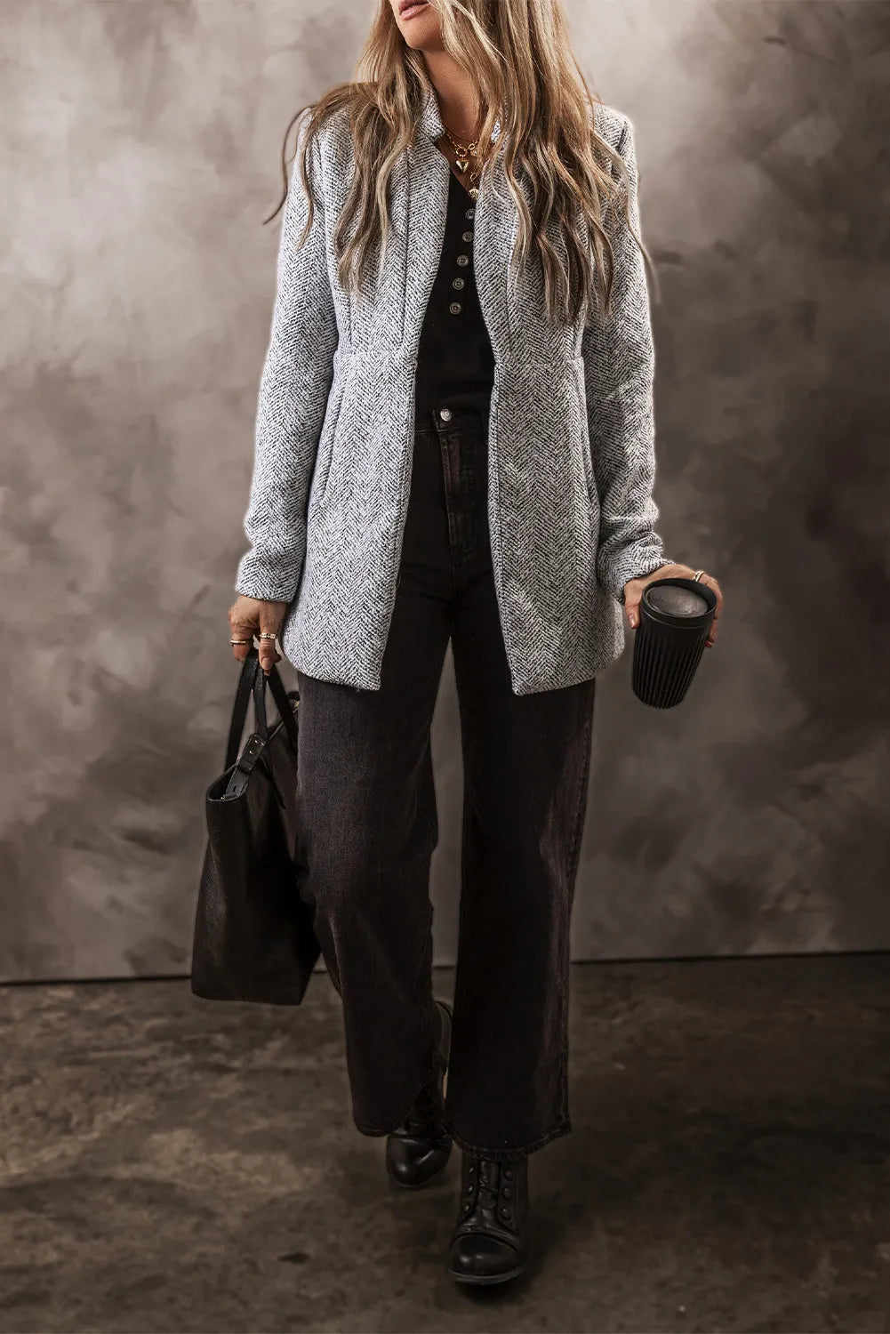 Light gray open-front long sleeve jacket with textured weave and button-front