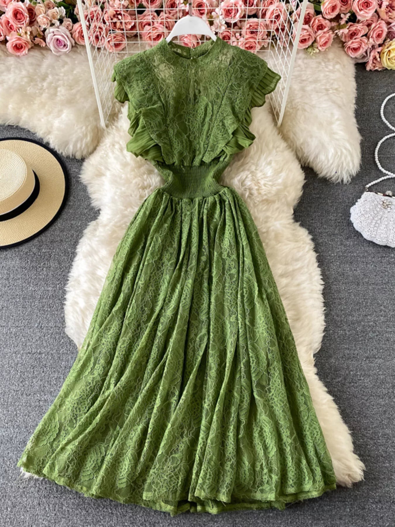 Cedar & Moore Ruffled Mock Neck Lace Maxi Dress in green, floor-length.