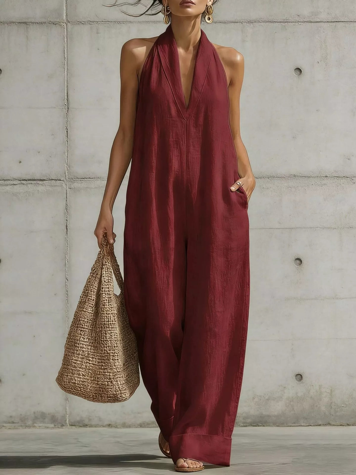 Burgundy halter-neck wide-leg jumpsuit with deep V neckline, sleeveless halter straps and wide legs.
