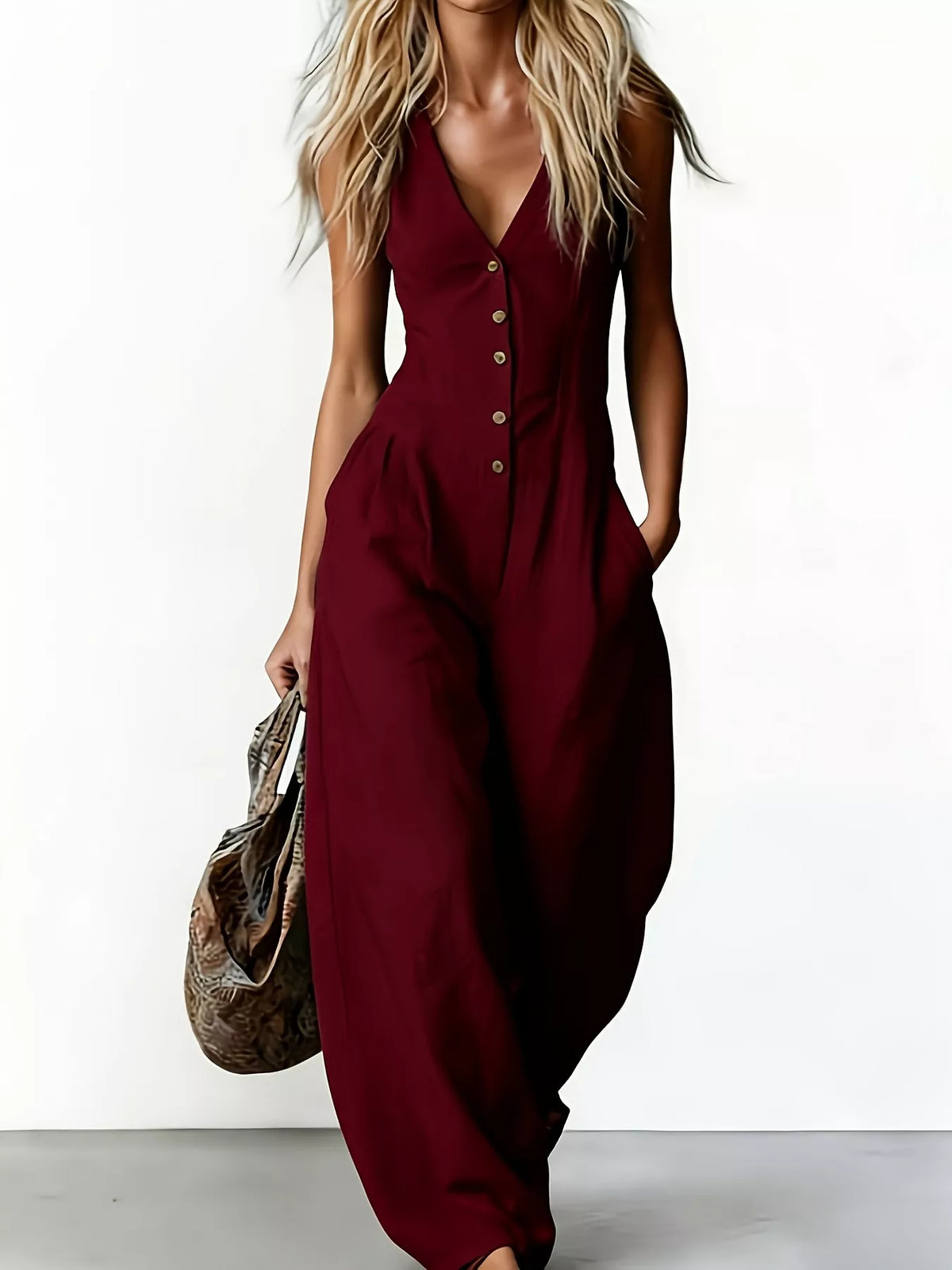 Burgundy sleeveless V-neck button-front wide-leg jumpsuit