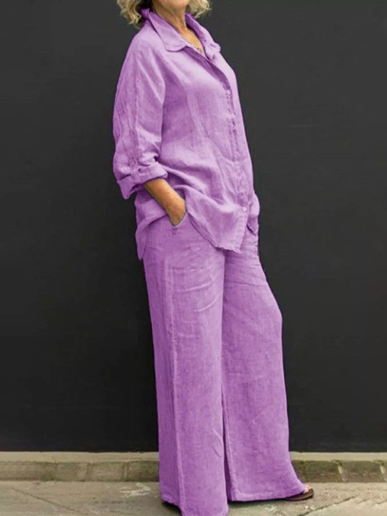 Long-sleeve shirt and pants set in lavender purple, button-front top with wide-leg pants