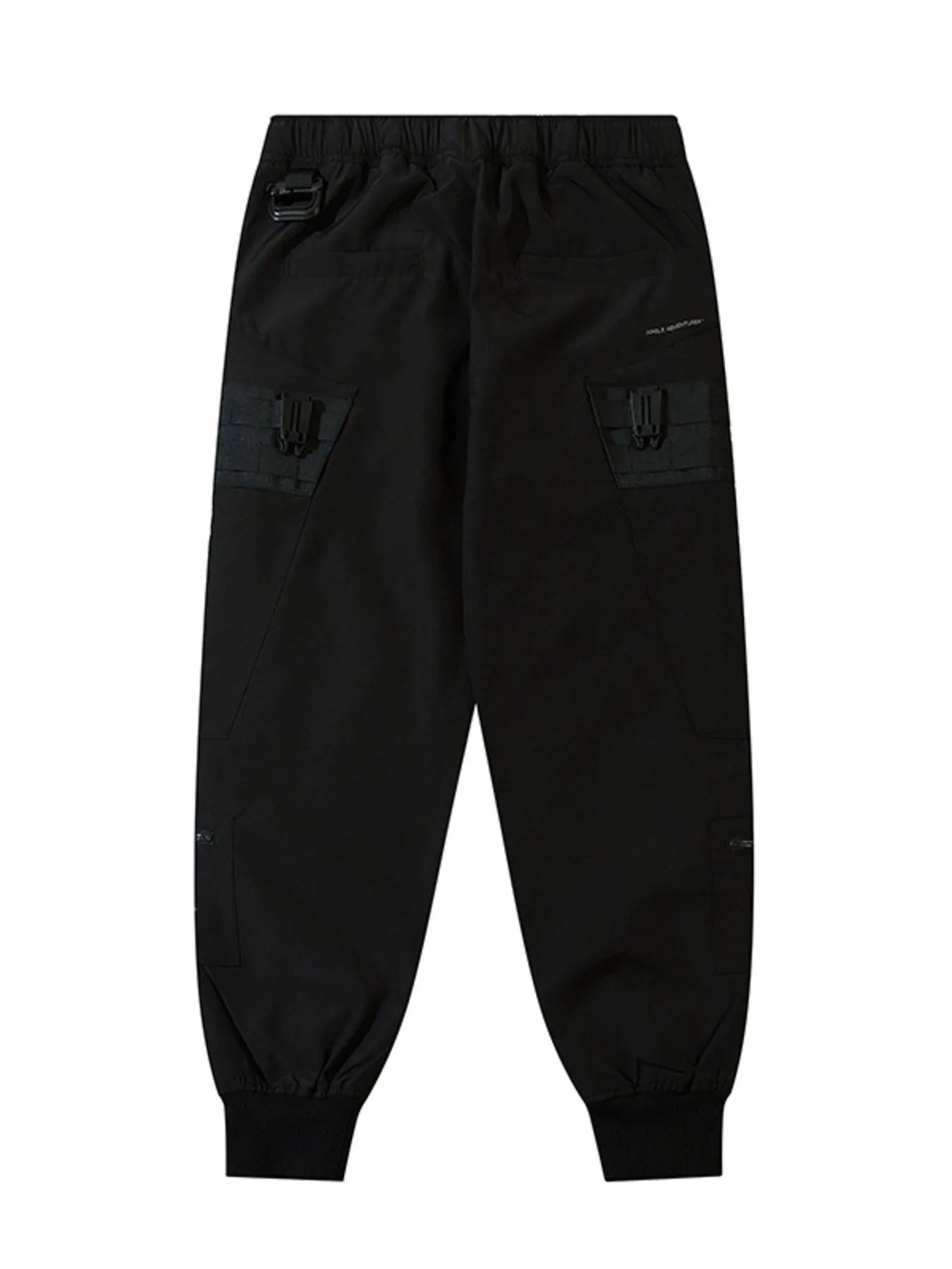 Black cargo joggers with back patch pockets and tapered cuffs