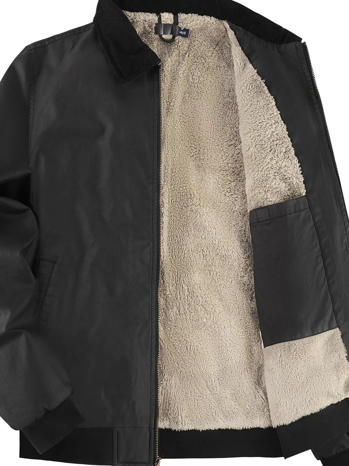 Men's sherpa-lined zip-up jacket with full-zip front and patch pockets, black charcoal tone.