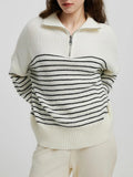 Cream striped half-zip knit sweater with long sleeves, ribbed hem and cuffs