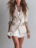 Cream double-breasted blazer with lapel, gold buttons, long sleeves, lace-trim cuffs