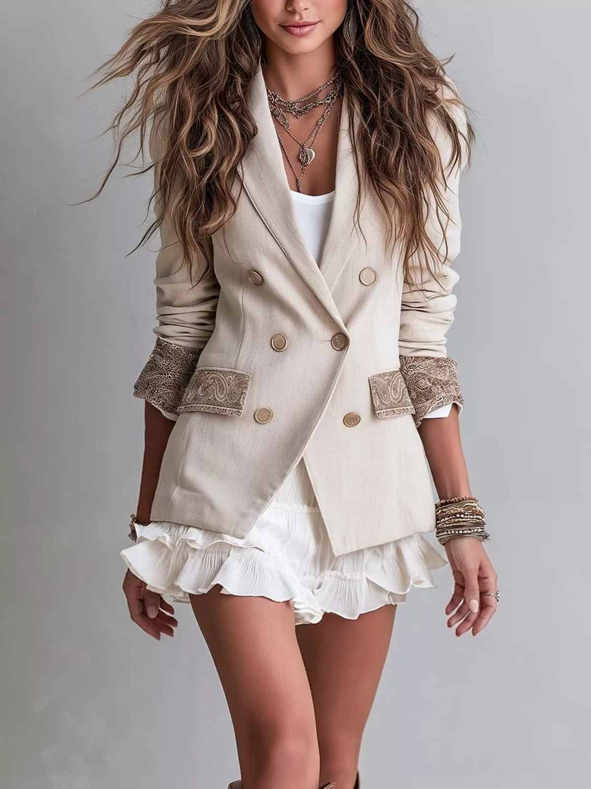 Cream double-breasted blazer with lapel, gold buttons, long sleeves, lace-trim cuffs