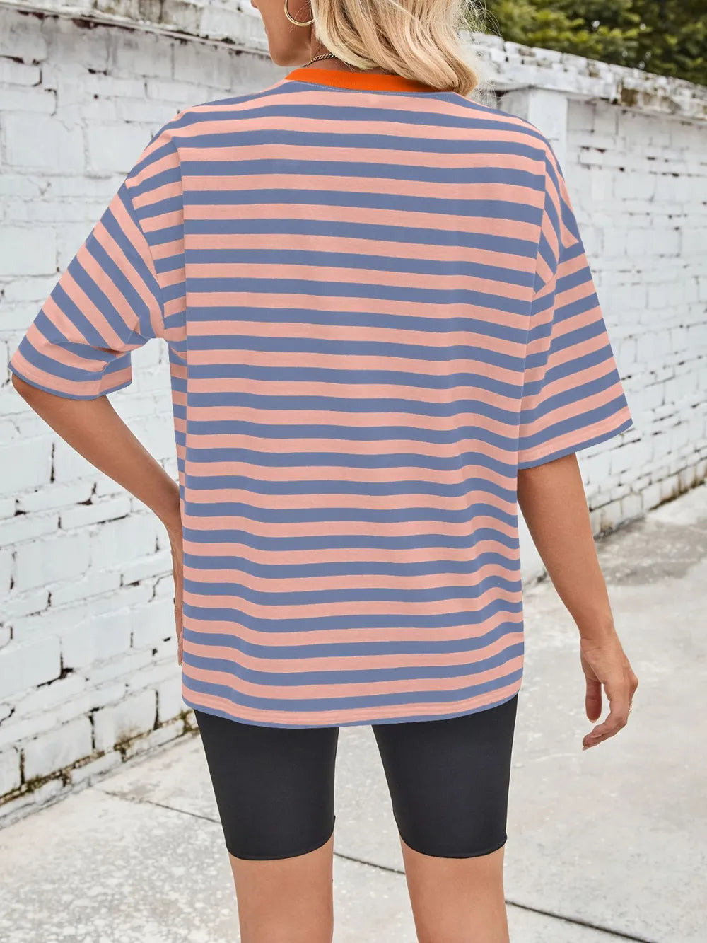 Peach striped round-neck half-sleeve T-shirt, relaxed fit, back view.