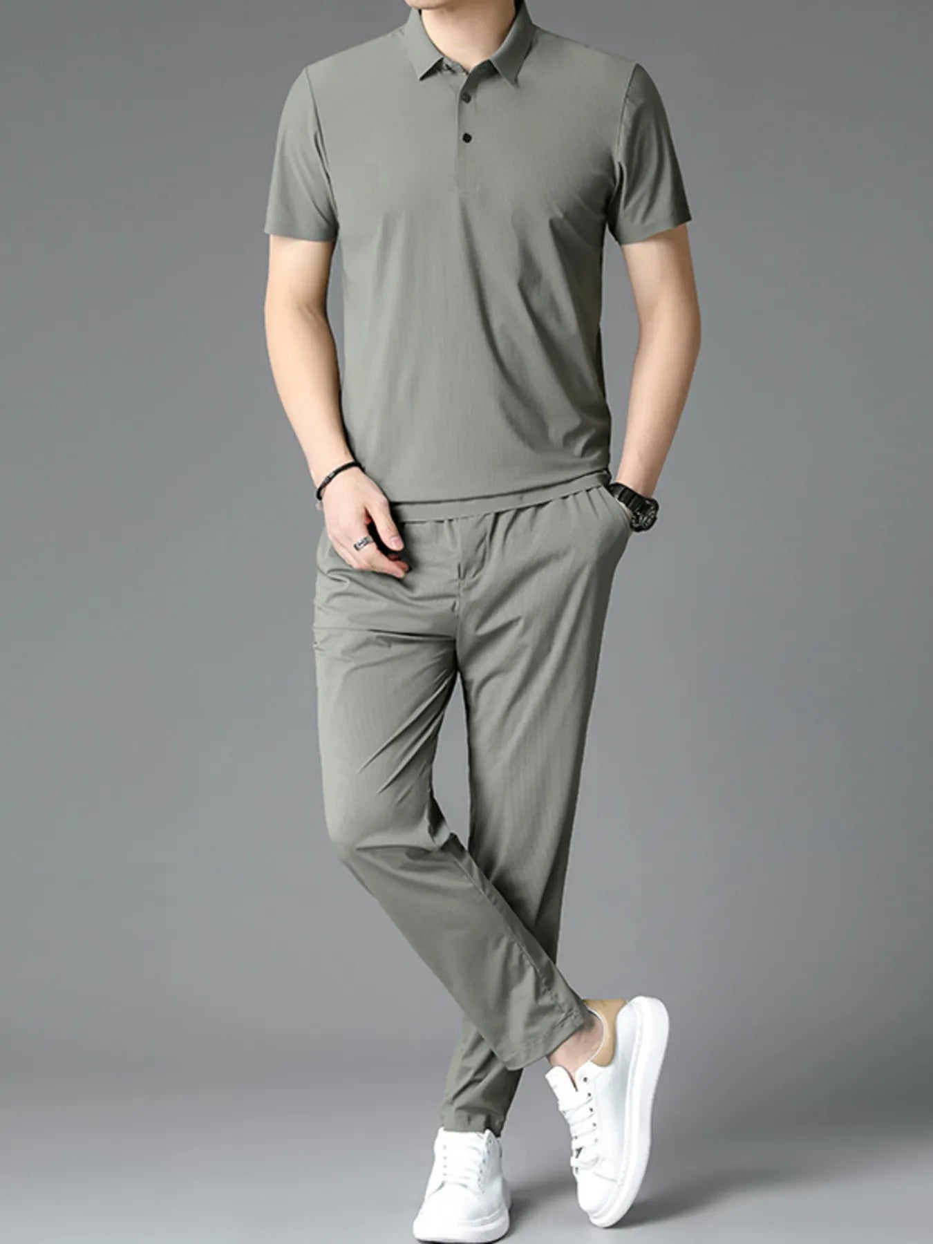 Men's polo and drawstring pants set in grey, short sleeves, button placket