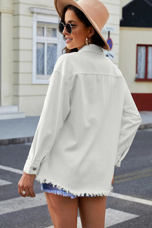 White denim button-up jacket, back view, chest pockets, frayed raw hem