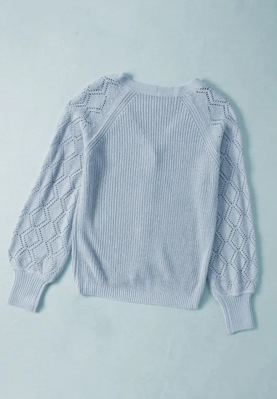 Light blue openwork knit cardigan back with long sleeves