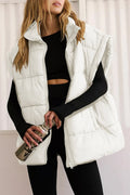 White zip-up puffer vest coat with stand collar and front zipper, side pockets