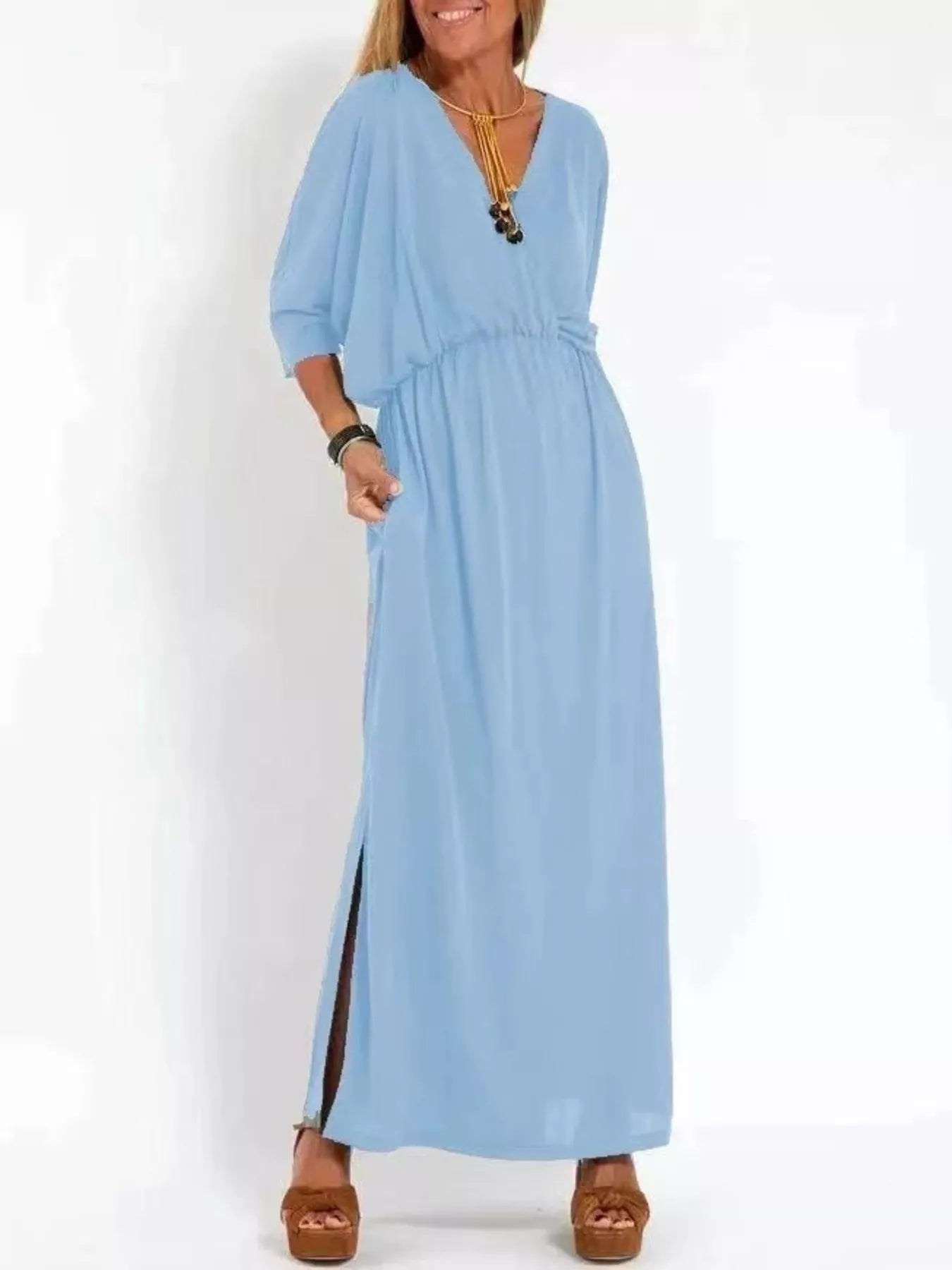 Sky blue V-neck batwing sleeve maxi dress with side slit and gathered waist