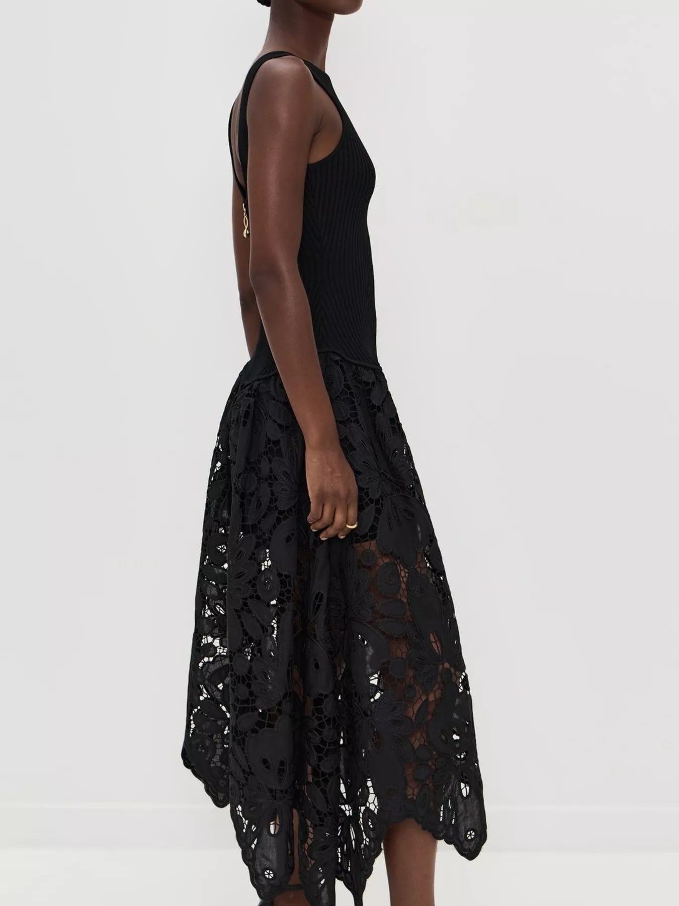 Cedar & Moore Sleeveless Ribbed Crochet Midi Dress in black with lace overlay skirt and back zipper