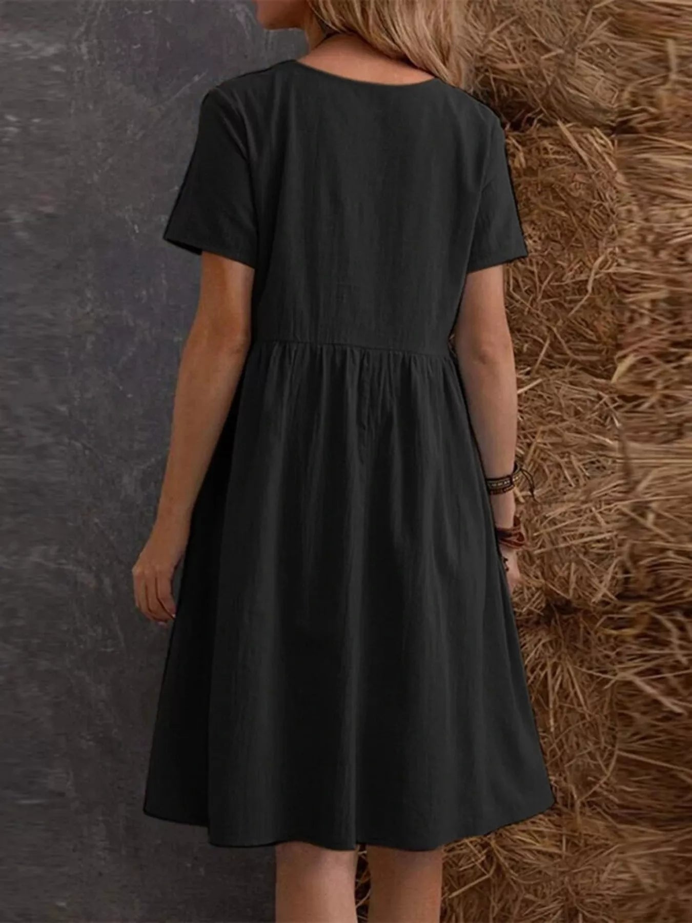 Cedar & Moore dress: black casual loose-fit tiered ruffle-hem dress with short sleeves, plus size