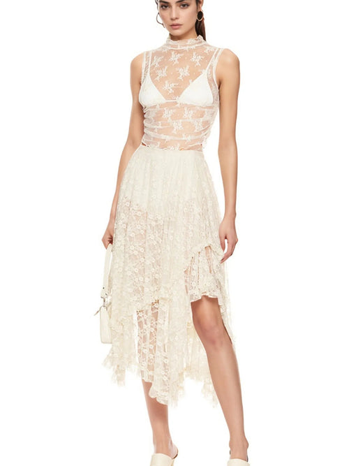 Milky white asymmetrical lace midi skirt with layered, scalloped hem