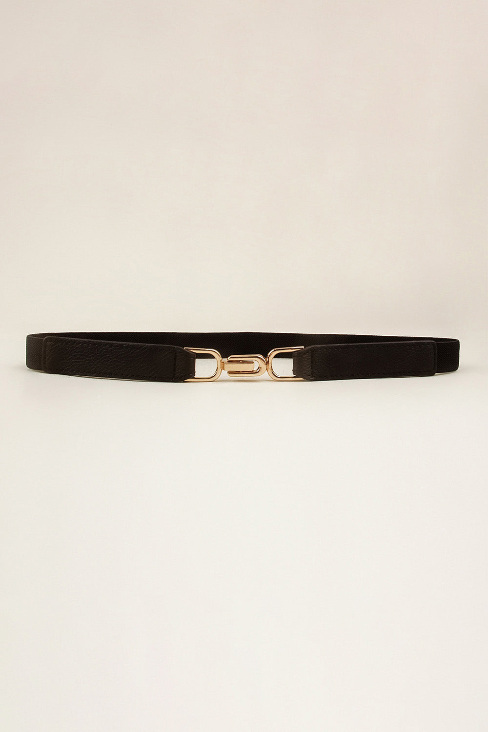 Black elastic belt with gold-tone buckle and center D-shaped detail
