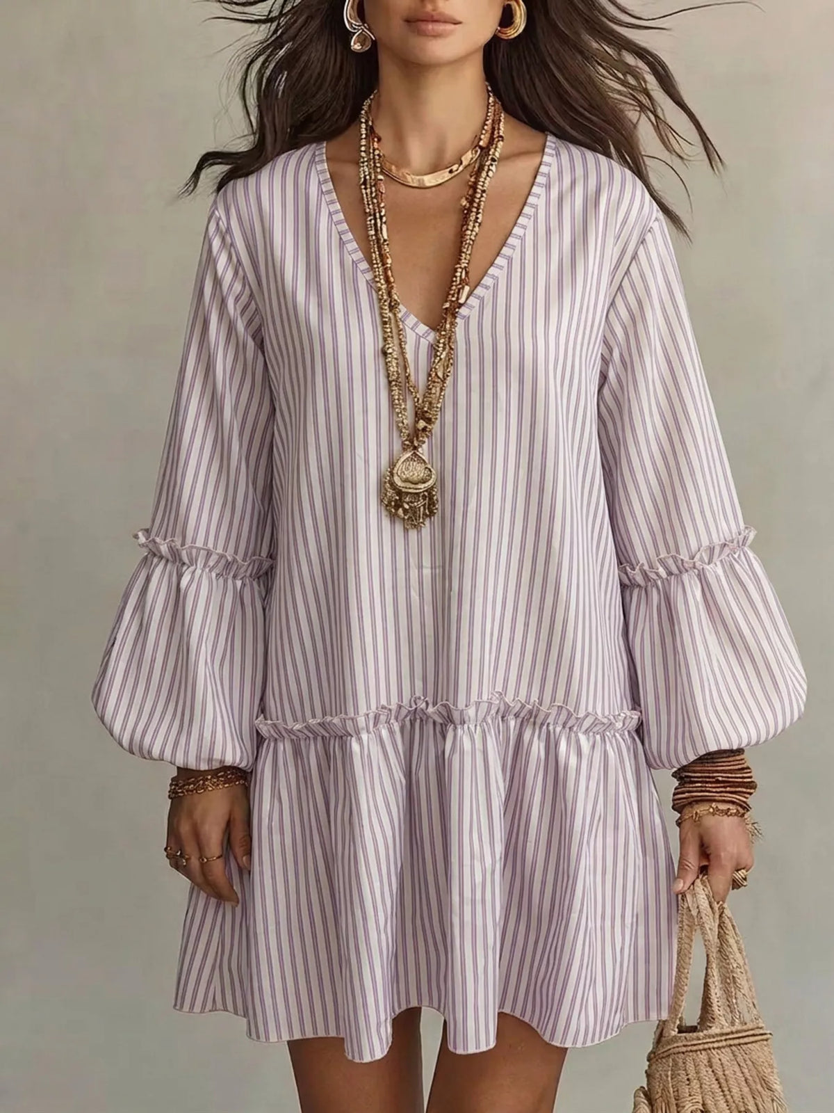Light purple striped V-neck mini dress with puff balloon sleeves and elastic waist
