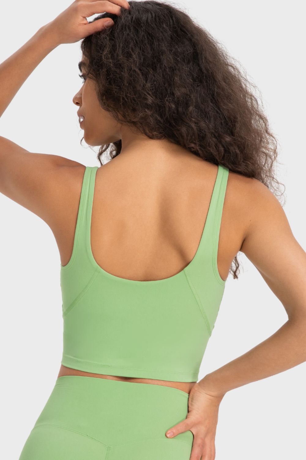 Deep V-neck crop sports bra, mint green back view racerback straps